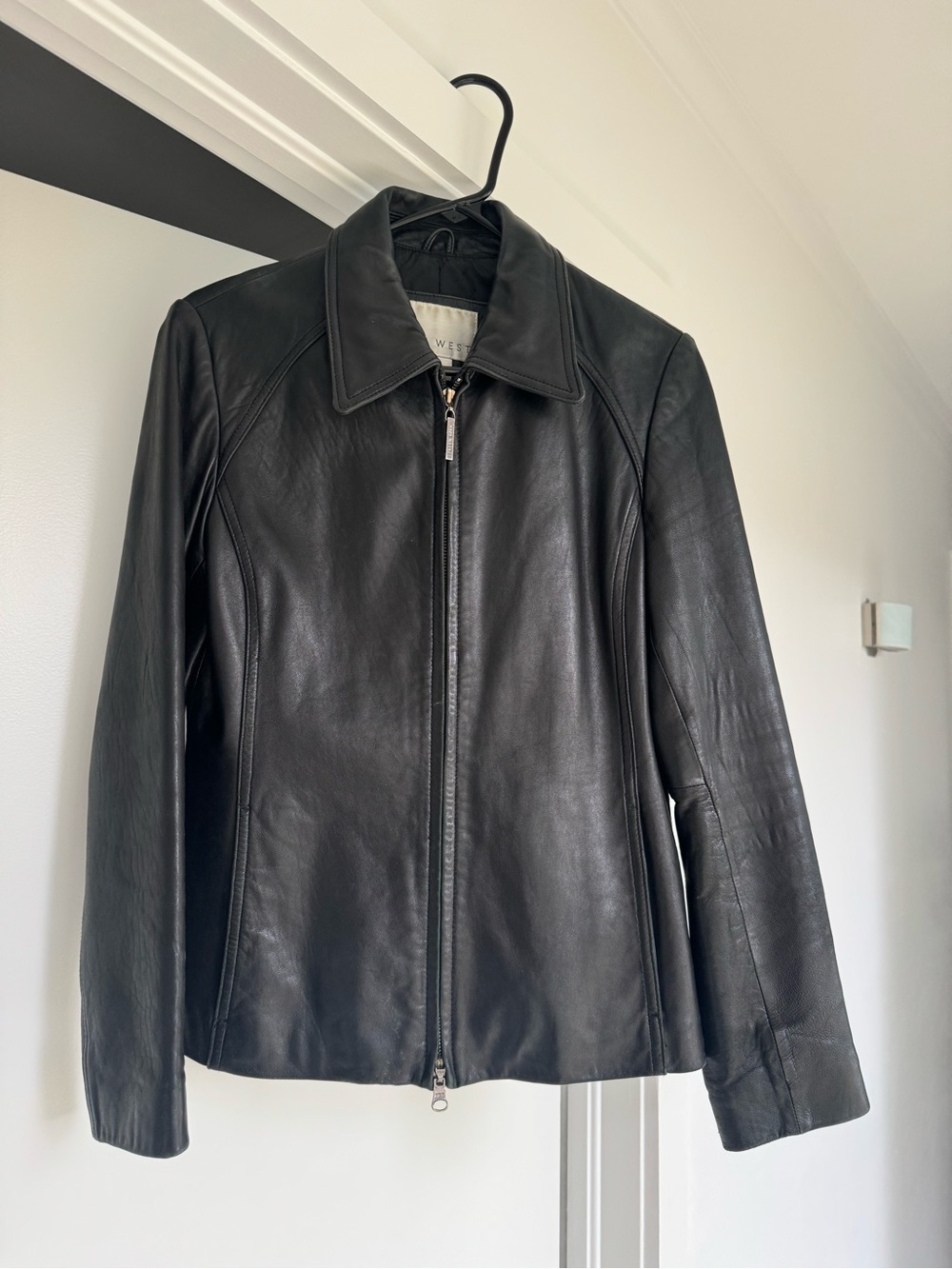 Nine West Black Leather Zip Jacket with Pointed Collar